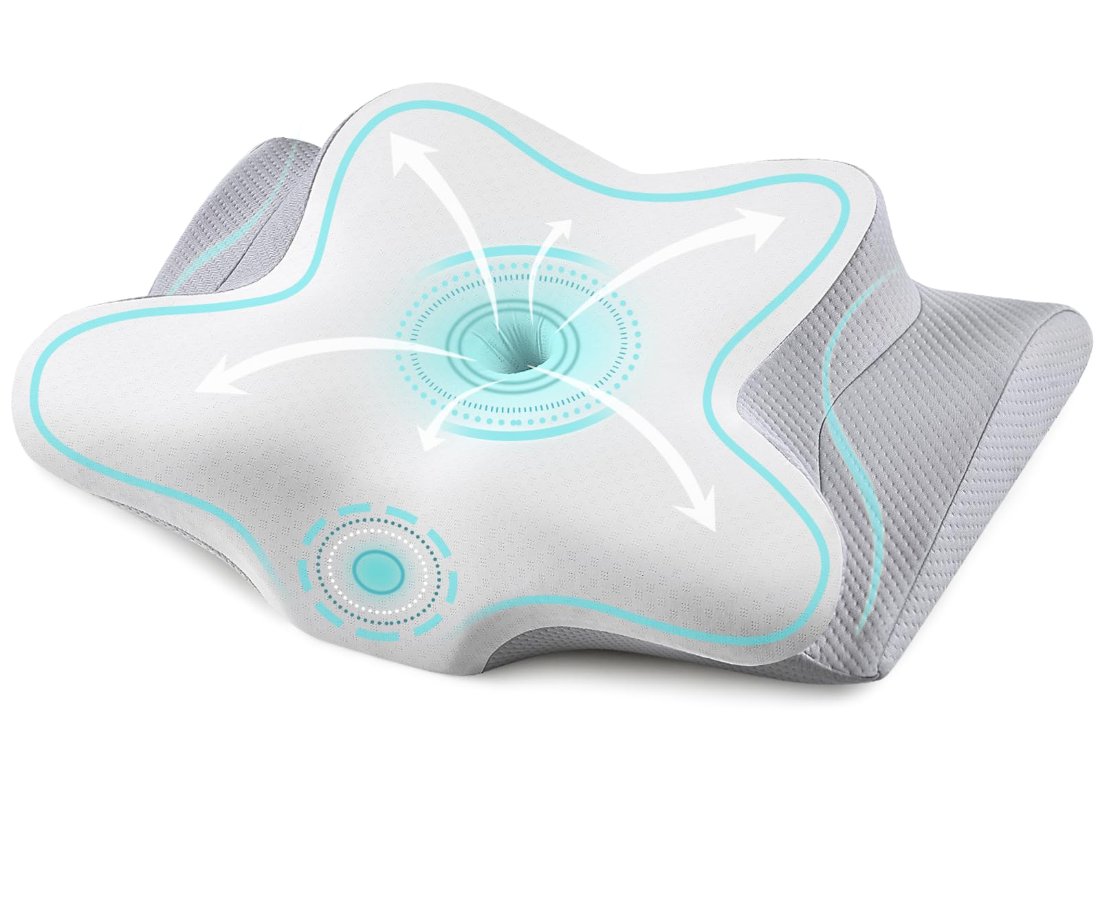 Side sleeper resting on a butterfly contour pillow